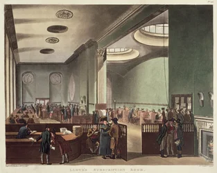 Royal Exchange, Lloyds Subscription Room, z Ackermannova „Microcosm of London“, 1809 (barevná akvatinta)